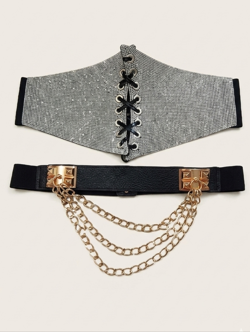 Cosplay Fashion Black Chain Silver & Gold Metal Elastic Corset Belts Set Of Two